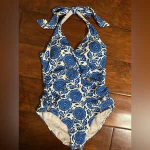 Boden Blue and White Floral Halter One-Piece Swimsuit